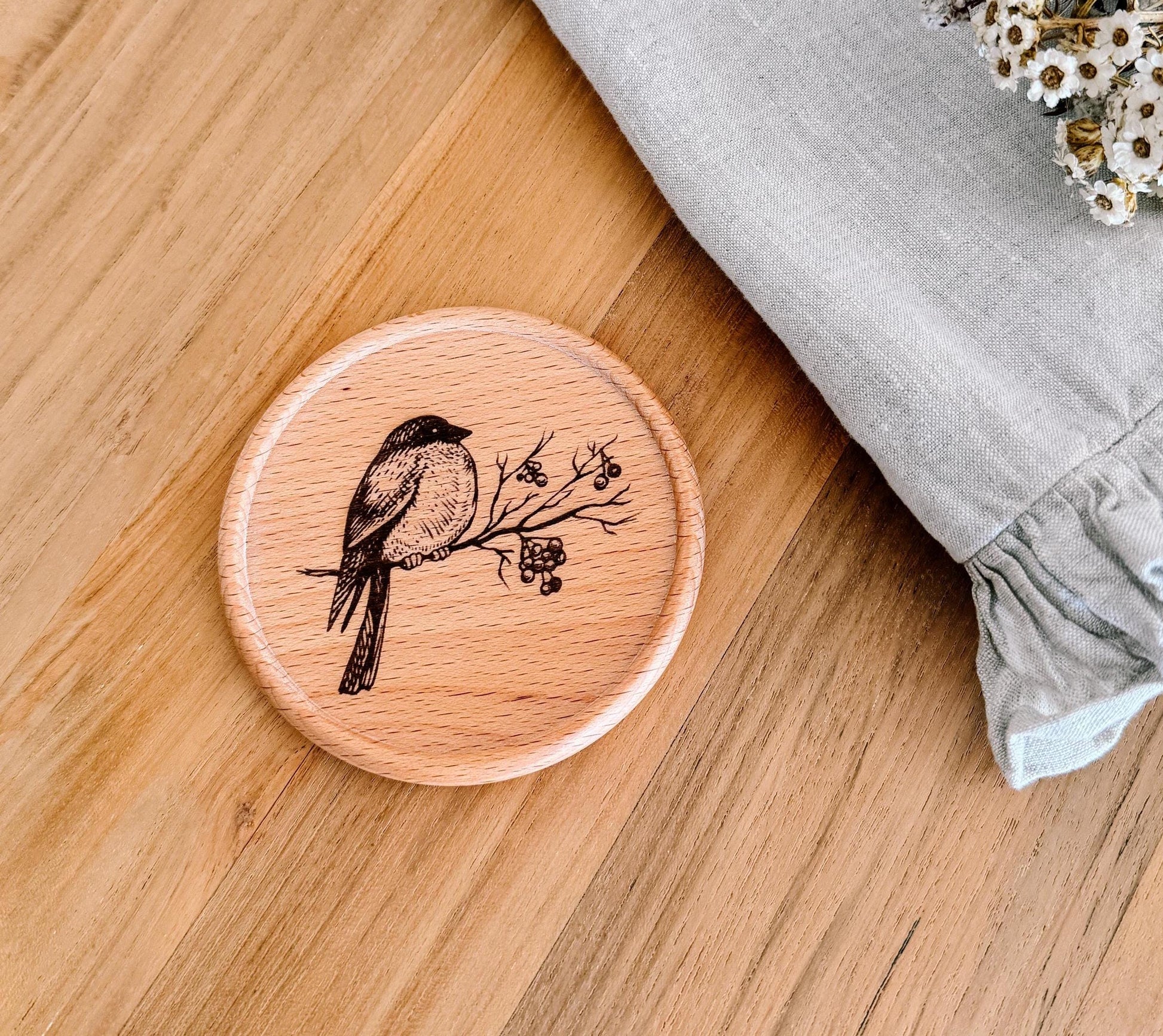 Wooden Coaster | Bull Finch Winter bird | eco friendly | coasters | gift ideas