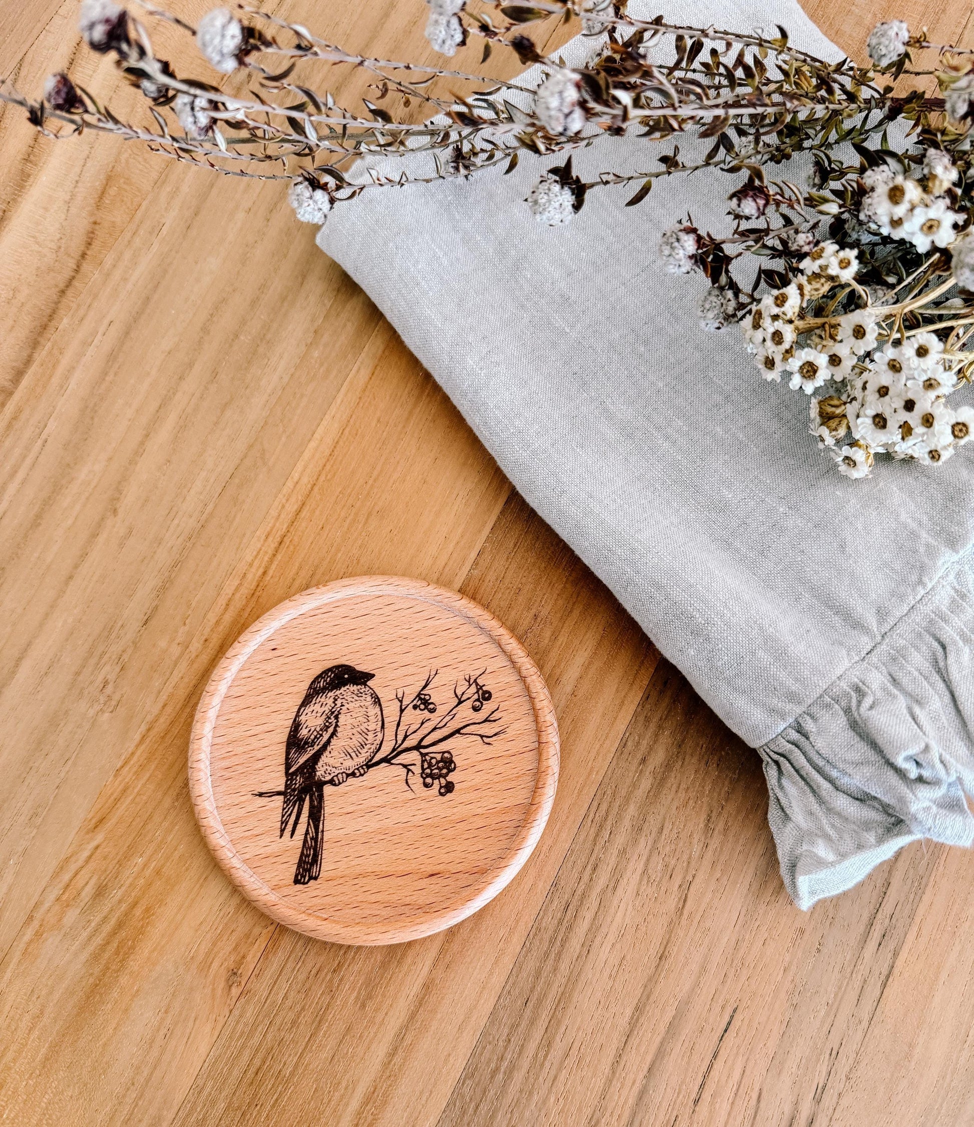 Wooden Coaster | Bull Finch Winter bird | eco friendly | coasters | gift ideas