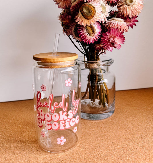 Adorable Coffee & Books glass can | libbey cup | drinkware | glass tumblers